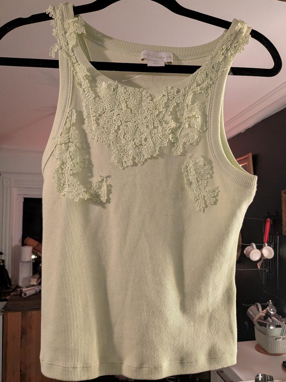 NWOT House of Harlow 1960 Pastel Sage Ribbed Knit Lace Appliqué Top - Size S
